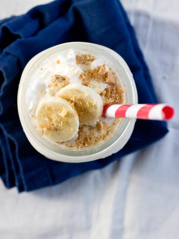 This Whipped Banana Cream Cheesecake Shake is 100% indulgent without all the guilt. It's high protein made with bananas and cottage cheese and no added sugar! Love this is the healthy way to eat Banana Cream Cheesecake. | @KristinaLaRueRD | loveandzest.com