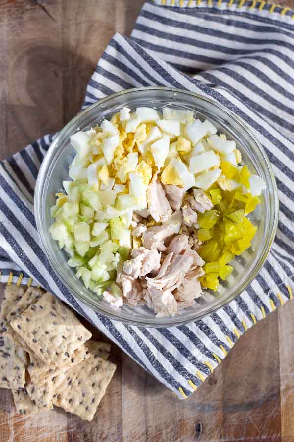 classic southern recipe with chicken, mayo, eggs, celery, and relish 