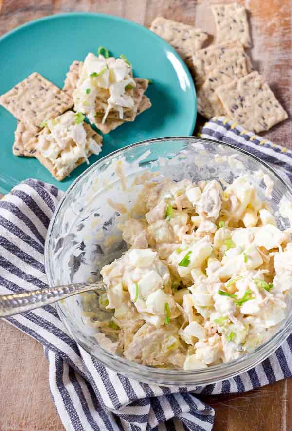 creamy and juicy southern chicken salad recipe with eggs, mayo, celery, and relish 