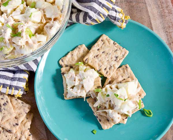 easy chicken salad lunch recipe with eggs, mayo, celery, and relish