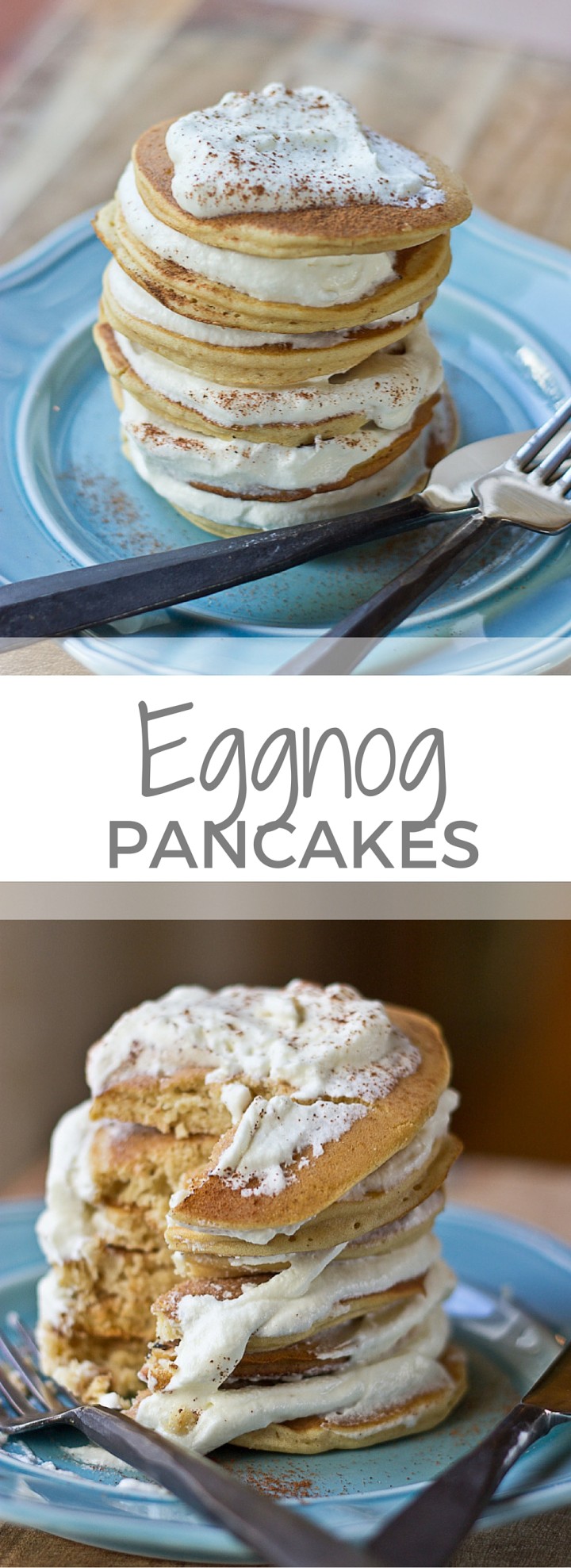 Impress your family and house guests with a stack of festive Eggnog Pancakes topped with creamy Eggnog Whipped Cream. | @KristinaLaRueRD | loveandzest.com