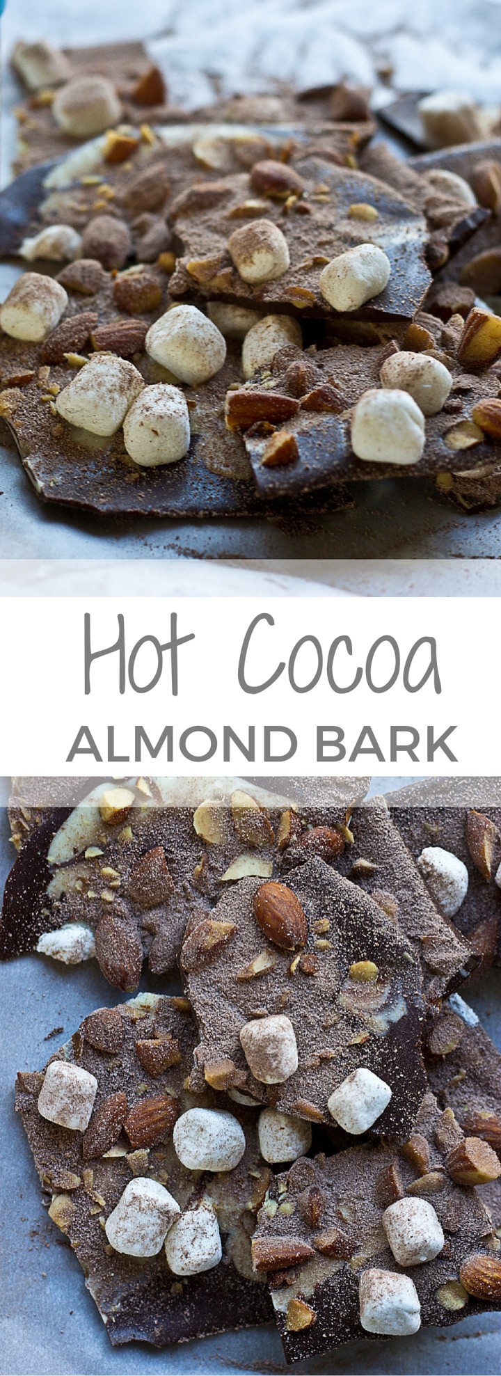 Hot Cocoa Almond Bark… dark chocolate with white chocolate swirl, marshmallows, almonds, and a dusting of hot cocoa…. a super easy recipe to throw together for a holiday party and it’s oh so festive! @KrisitnaLaRueRD