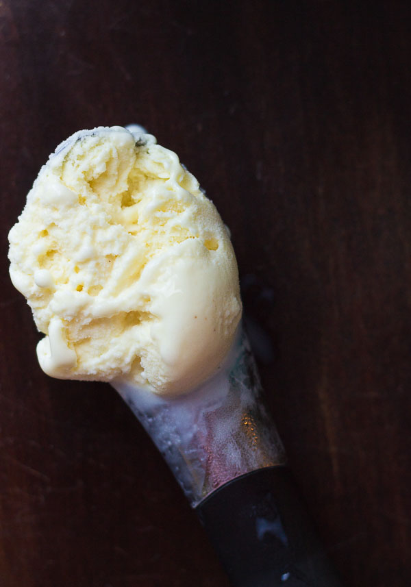 Eggnog Ice Cream made with 1 ingredient... eggnog. Pour eggnog into ice cream maker and churn. Super creamy and delicious and a great way to use leftover eggnog! 