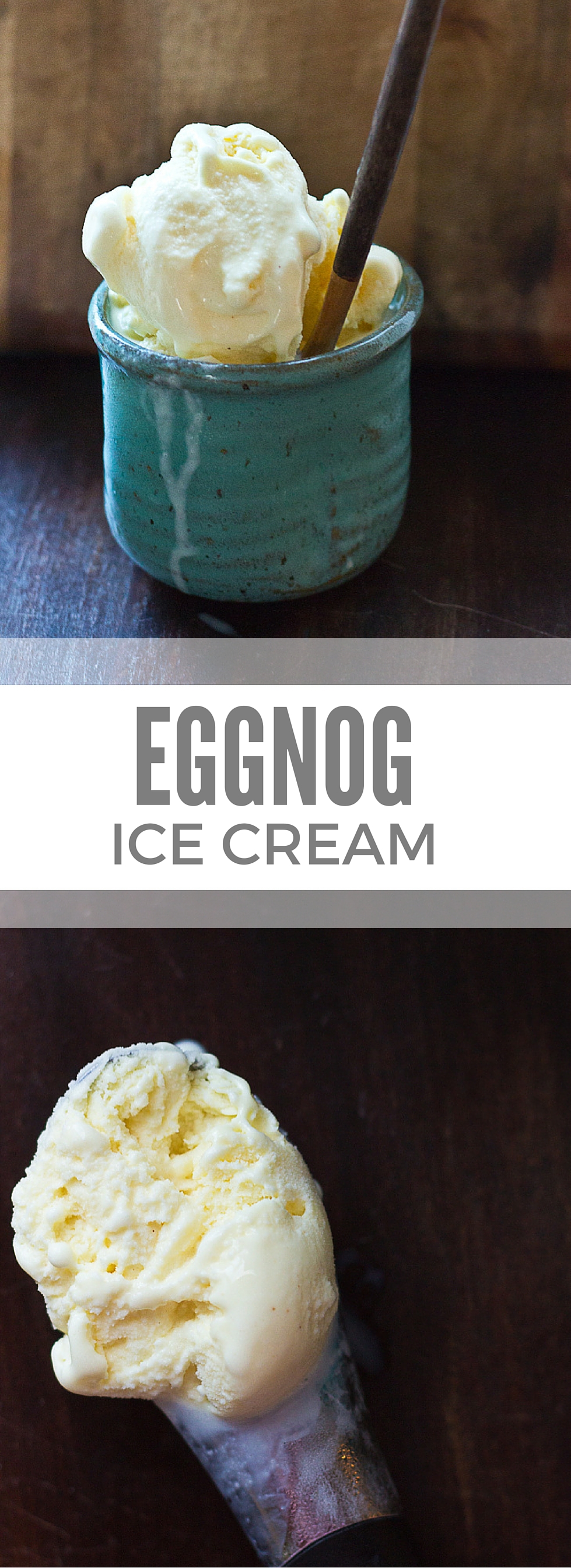 Eggnog Ice Cream made with 1 ingredient... eggnog. Pour eggnog into ice cream maker and churn. Super creamy and delicious and a great way to use leftover eggnog! 