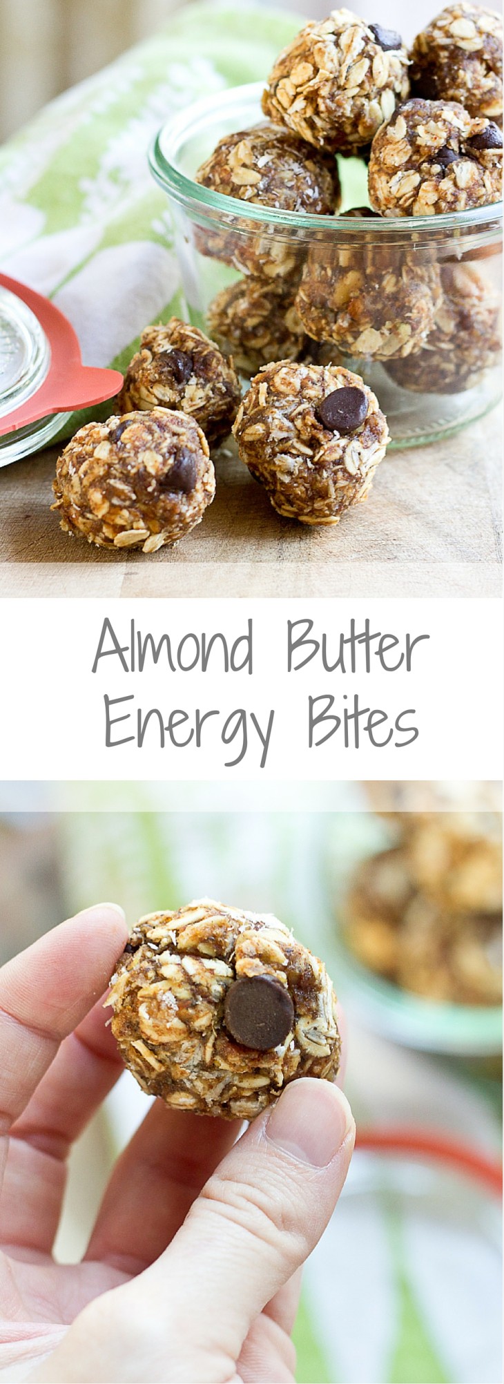 Almond Butter Energy Bites... made with wholesome ingredients like almond butter, dates, dark chocolate and oats. Perfect for snack time or a super quick breakfast!