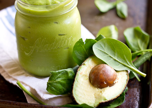 side shot of avocado green smoothie 