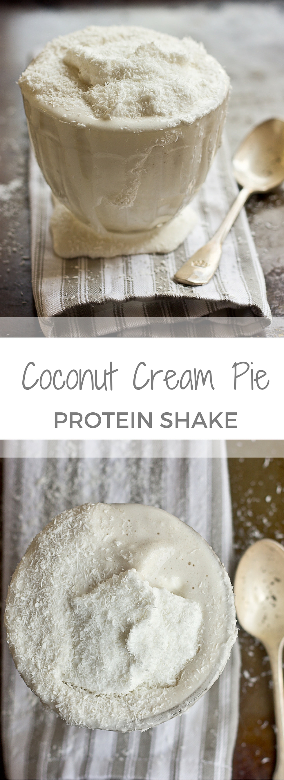 Dessert for breakfast, yes please!! This Coconut Cream Pie Protein Shake recipe has a simple ingredient list and no added sugar. Dairy free, vegan, gluten free, paleo. 