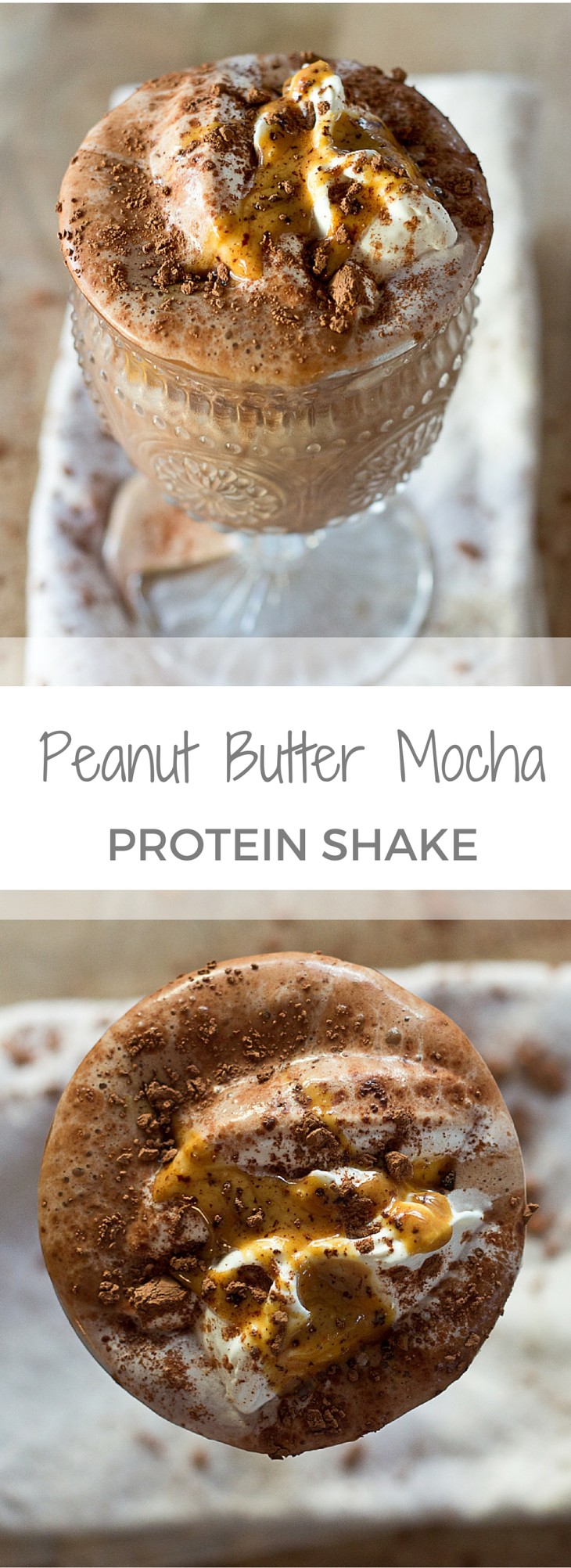 Chocolate + Peanut Butter + Coffee = died and gone to heaven! This is seriously the best combo ever invented all blended up into a healthy low sugar Peanut Butter Mocha Protein Shake! WINNING! Dairy Free. Vegan.