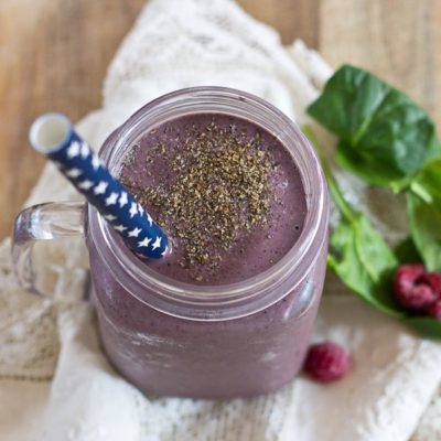 Get this Superfood Smoothie crammed packed with good for you stuff like chia seeds, ground flax, loads of berries, almond butter, and spinach. I love the purple color of this green smoothie! You'd never know there were greens hidden in there!