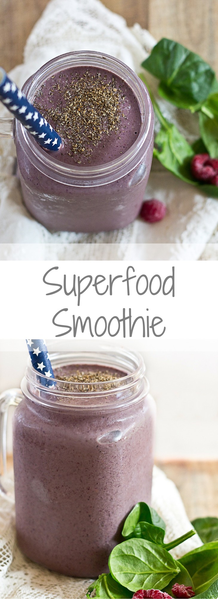 Get this Superfood Smoothie crammed packed with good for you stuff like chia seeds, ground flax, loads of berries, almond butter, and spinach. I love the purple color of this green smoothie! You'd never know there were greens hidden in there!
