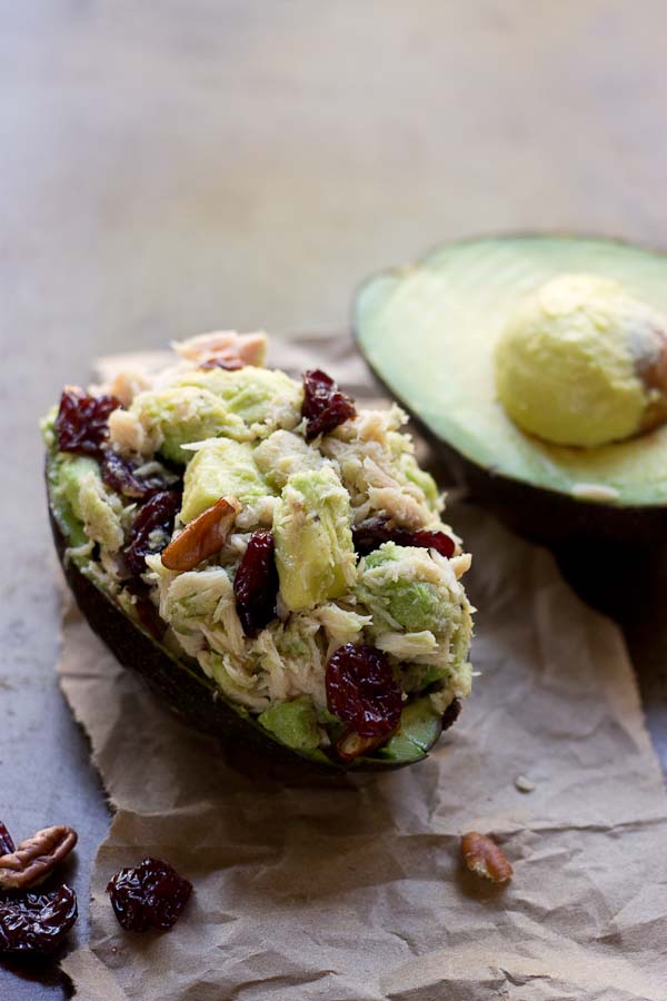 low carb lunch recipe with avocado, pecans, and cherries 
