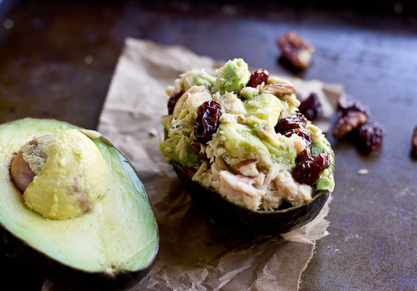 side shot of tuna stuffed avocado 