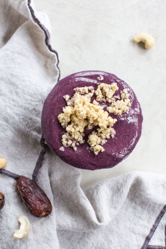 vegan smoothie recipe with blueberries, dates, and raw cashews