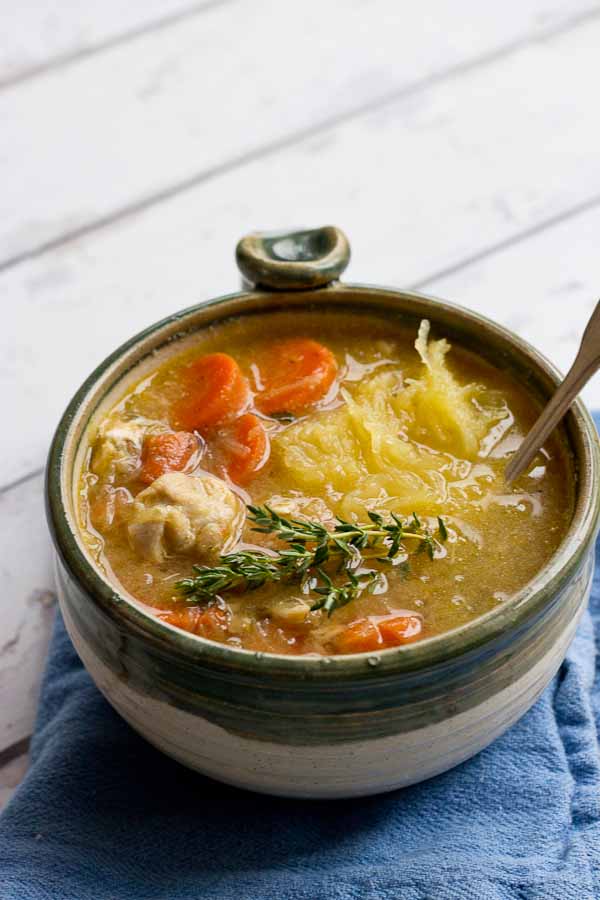 Chicken "No Noodle" Soup is filling but won't weigh you down. It's deliciously flavorful and chockfull of chicken and made with spaghetti squash instead of egg noodles. This low carb Chicken No Noodle Soup makes a yummy lunch and works great for meal prep. 