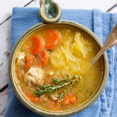 Chicken "No Noodle" Soup is filling but won't weigh you down. It's deliciously flavorful and chockfull of chicken and made with spaghetti squash instead of egg noodles. This low carb Chicken No Noodle Soup makes a yummy lunch and works great for meal prep.