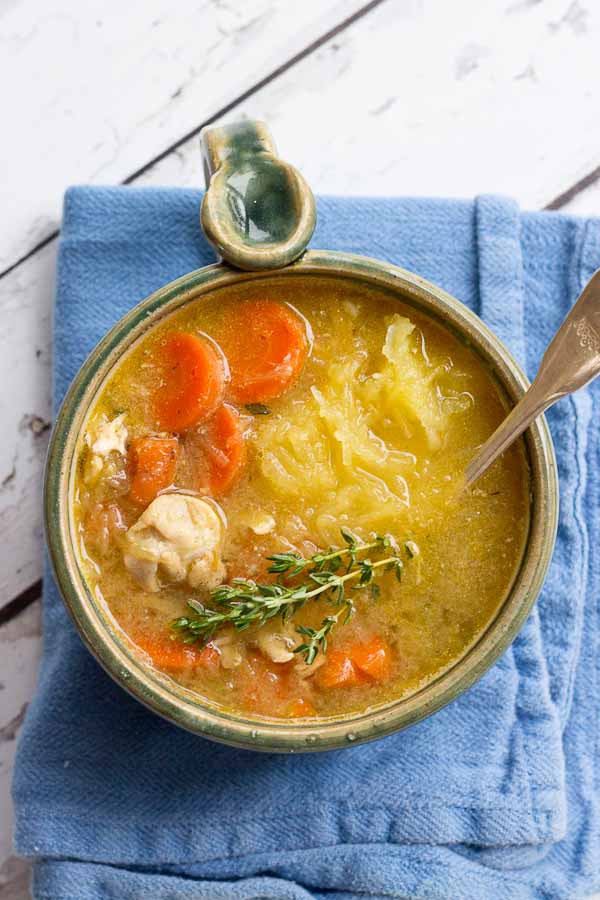 Chicken "No Noodle" Soup is filling but won't weigh you down. It's deliciously flavorful and chockfull of chicken and made with spaghetti squash instead of egg noodles. This low carb Chicken No Noodle Soup makes a yummy lunch and works great for meal prep. 