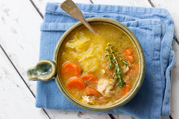 Chicken "No Noodle" Soup is filling but won't weigh you down. It's deliciously flavorful and chockfull of chicken and made with spaghetti squash instead of egg noodles. This low carb Chicken No Noodle Soup makes a yummy lunch and works great for meal prep. 