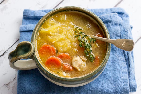 Chicken "No Noodle" Soup is filling but won't weigh you down. It's deliciously flavorful and chockfull of chicken and made with spaghetti squash instead of egg noodles. This low carb Chicken No Noodle Soup makes a yummy lunch and works great for meal prep. 