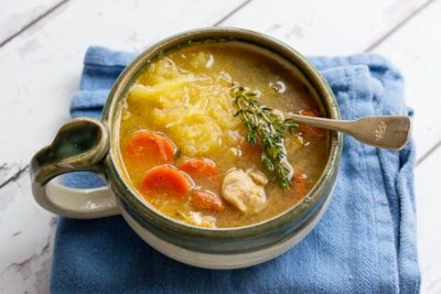 Chicken "No Noodle" Soup is filling but won't weigh you down. It's deliciously flavorful and chockfull of chicken and made with spaghetti squash instead of egg noodles. This low carb Chicken No Noodle Soup makes a yummy lunch and works great for meal prep.