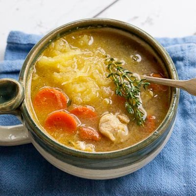 Chicken "No Noodle" Soup is filling but won't weigh you down. It's deliciously flavorful and chockfull of chicken and made with spaghetti squash instead of egg noodles. This low carb Chicken No Noodle Soup makes a yummy lunch and works great for meal prep.
