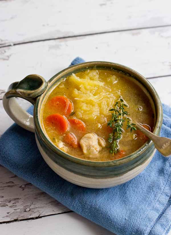 Chicken "No Noodle" Soup is filling but won't weigh you down. It's deliciously flavorful and chockfull of chicken and made with spaghetti squash instead of egg noodles. This low carb Chicken No Noodle Soup makes a yummy lunch and works great for meal prep. 