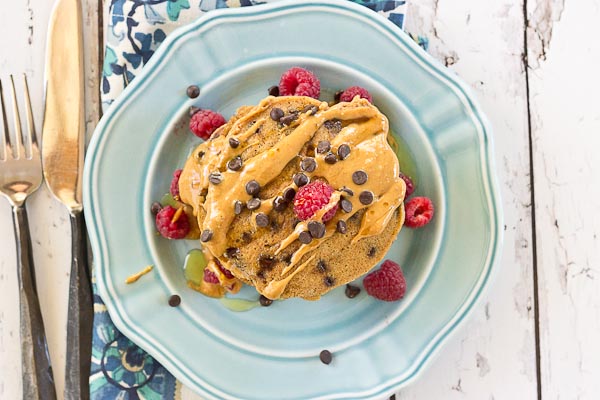 Holy yummy in my tummy... Chocolate Chip Peanut Butter Pancakes for the win! Peanut butter flour and mini chocolate chips in a fluffy pancake = breakfast made in heaven.