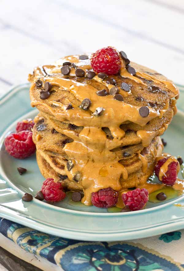 Holy yummy in my tummy... Chocolate Chip Peanut Butter Pancakes for the win! Peanut butter flour and mini chocolate chips in a fluffy pancake = breakfast made in heaven.