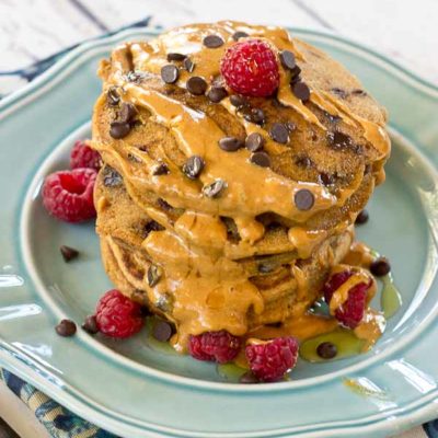 Holy yummy in my tummy... Chocolate Chip Peanut Butter Pancakes for the win! Peanut butter flour and mini chocolate chips in a fluffy pancake = breakfast made in heaven.