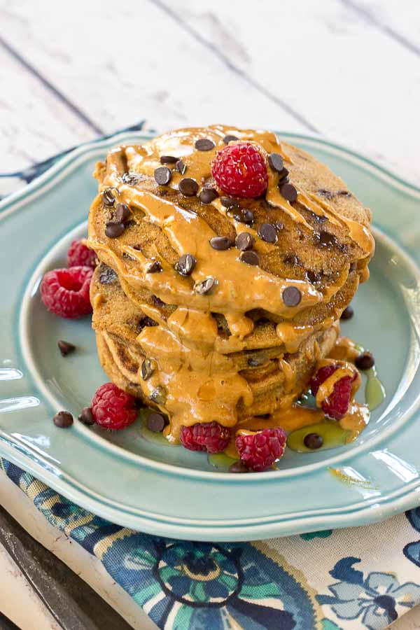 Holy yummy in my tummy... Chocolate Chip Peanut Butter Pancakes for the win! Peanut butter flour and mini chocolate chips in a fluffy pancake = breakfast made in heaven.