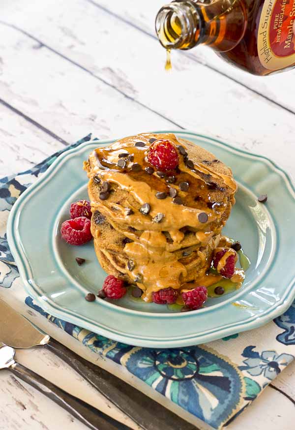 Holy yummy in my tummy... Chocolate Chip Peanut Butter Pancakes for the win! Peanut butter flour and mini chocolate chips in a fluffy pancake = breakfast made in heaven.