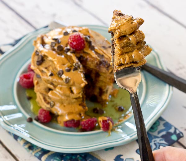 Holy yummy in my tummy... Chocolate Chip Peanut Butter Pancakes for the win! Peanut butter flour and mini chocolate chips in a fluffy pancake = breakfast made in heaven.