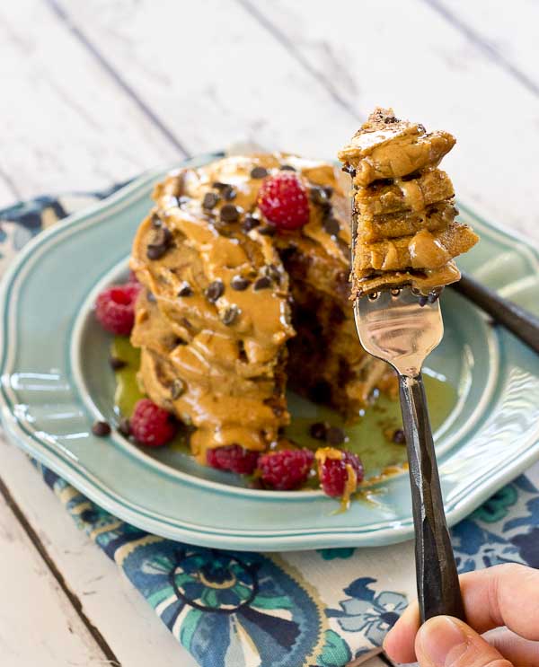 Holy yummy in my tummy... Chocolate Chip Peanut Butter Pancakes for the win! Peanut butter flour and mini chocolate chips in a fluffy pancake = breakfast made in heaven.