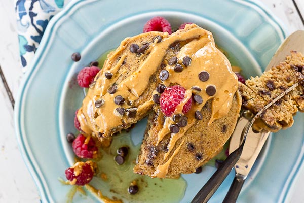 Holy yummy in my tummy... Chocolate Chip Peanut Butter Pancakes for the win! Peanut butter flour and mini chocolate chips in a fluffy pancake = breakfast made in heaven.