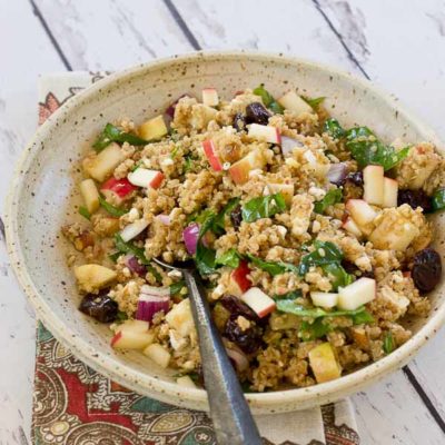 Make a batch of this Cinnamon Apple Quinoa Salad to eat during the week for a quick and healthy lunch. This grain salad made with quinoa, apples, tart cherries, spinach and feta makes you feel super healthy with every bite. Serve on a bed of lettuce for an even bigger nutrition boost.