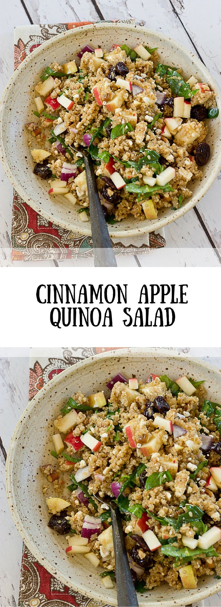 Make a batch of this Cinnamon Apple Quinoa Salad to eat during the week for a quick and healthy lunch. This grain salad made with quinoa, apples, tart cherries, spinach and feta makes you feel super healthy with every bite. Serve on a bed of lettuce for an even bigger nutrition boost.