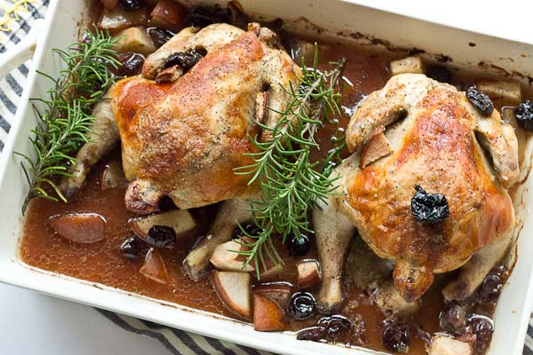 These Rosemary Roasted Cornish Hens with Pears and Tart Cherries are infused with Tart Cherry Juice to give this savory main course a subtle sweet flavor that is sure to satisfy. This Cornish hen duo would make a beautiful entrée for Valentine’s Day.