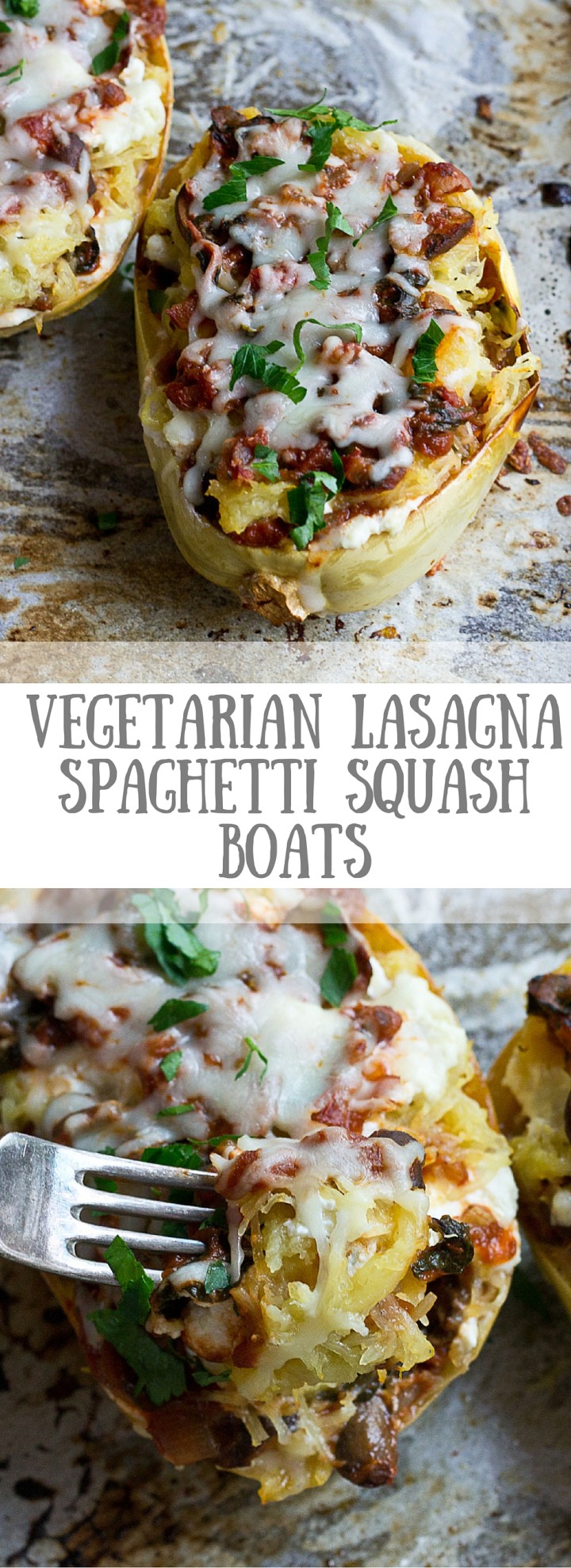 These Vegetarian Lasagna Spaghetti Squash Boats will rock your world. It's super filling and each boat is packed with several cups of mushrooms, onions, and spinach! Talk about veggie-fied. You're going to love this lower carb and meatless take on lasagna that will satisfy that pasta craving.