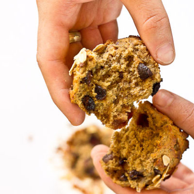 These Almond Butter Banana Oat Muffins are moist, satisfying, and have an delicious almond butter banana flavor. There is just enough chocolate in every bite to satisfy a sweet tooth. Flourless and gluten free.