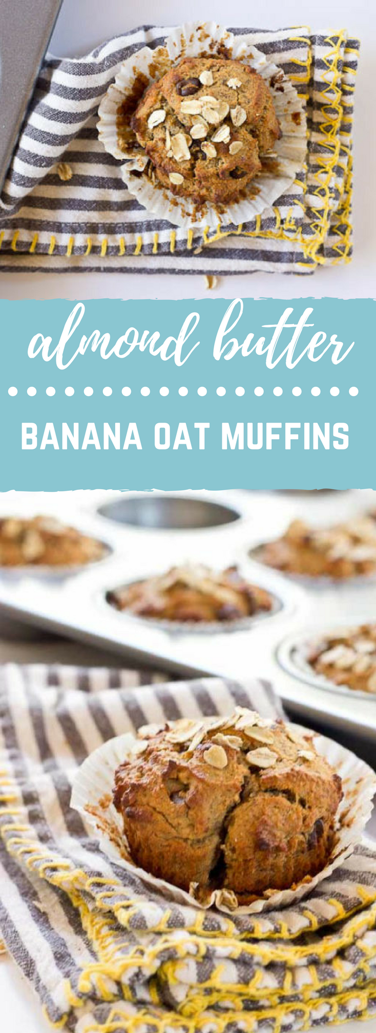 These Almond Butter Banana Oat Muffins are moist, satisfying, and have an delicious almond butter banana flavor. There is just enough chocolate in every bite to satisfy a sweet tooth. Flourless and gluten free.