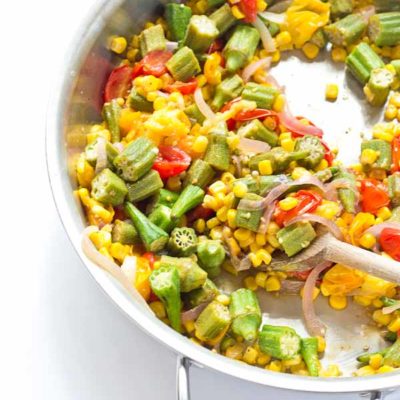 Okra Succotash, a simple sauté of fresh okra, corn, tomatoes, and onions, is a yummmmm side dish for your next cookout... just in time for Memorial Day! I love this side because it's fresh and filled with seasonal veggies that will make you feel good on a hot sunny day.