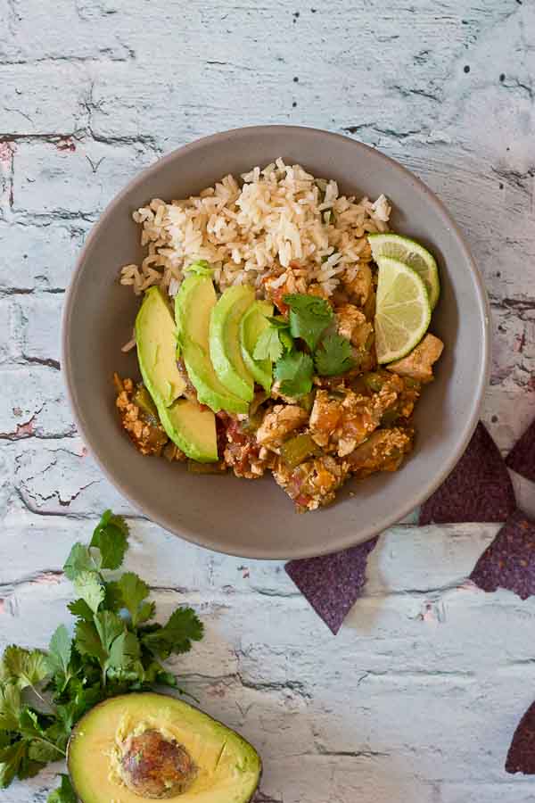 Authentic Vegetarian Sofritas Burrito Bowls are just what you need for dinner tonight. Make it a fiesta and serve over cilantro lime brown rice with sweet plantains and blue corn tortilla chips.