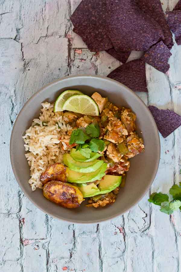 Authentic Vegetarian Sofritas Burrito Bowls are just what you need for dinner tonight. Make it a fiesta and serve over cilantro lime brown rice with sweet plantains and blue corn tortilla chips.