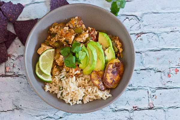 Authentic Vegetarian Sofritas Burrito Bowls are just what you need for dinner tonight. Make it a fiesta and serve over cilantro lime brown rice with sweet plantains and blue corn tortilla chips.