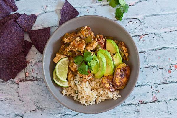 Authentic Vegetarian Sofritas Burrito Bowls are just what you need for dinner tonight. Make it a fiesta and serve over cilantro lime brown rice with sweet plantains and blue corn tortilla chips.