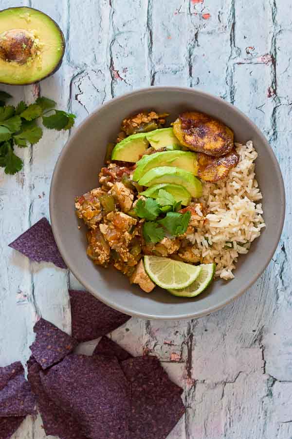 Authentic Vegetarian Sofritas Burrito Bowls are just what you need for dinner tonight. Make it a fiesta and serve over cilantro lime brown rice with sweet plantains and blue corn tortilla chips.