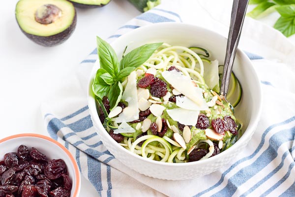 Go fresh this summer with a bowl of zucchini noodles coated in creamy avocado sauce, and topped with almonds, tart cherries and shaved parmigiano reggiano. This veggie meal is refreshing and satisfying, no heat required.