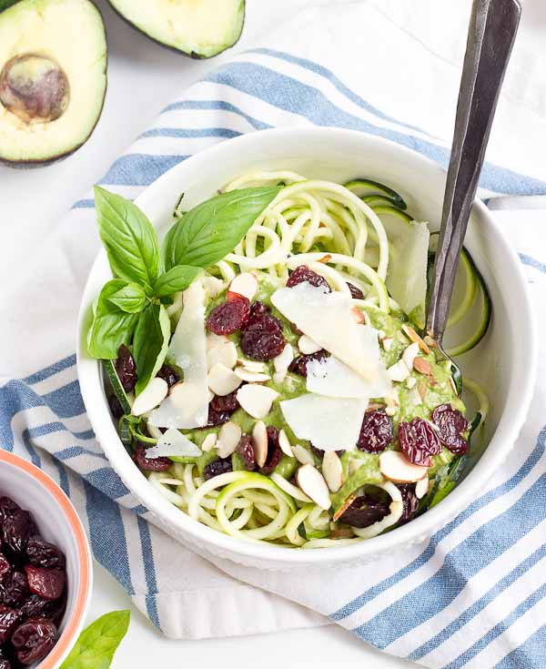 Go fresh this summer with a bowl of zucchini noodles coated in creamy avocado sauce, and topped with almonds, tart cherries and shaved parmigiano reggiano. This veggie meal is refreshing and satisfying, no heat required.