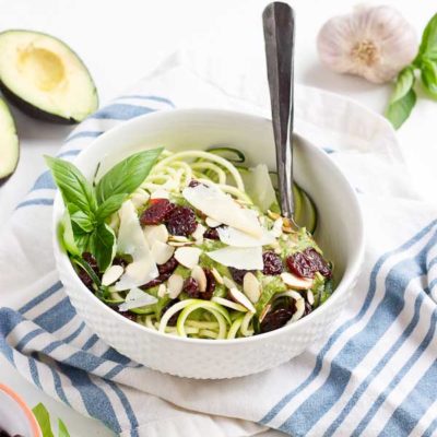 Go fresh this summer with a bowl of zucchini noodles coated in creamy avocado sauce, and topped with almonds, tart cherries and shaved parmigiano reggiano. This veggie meal is refreshing and satisfying, no heat required.