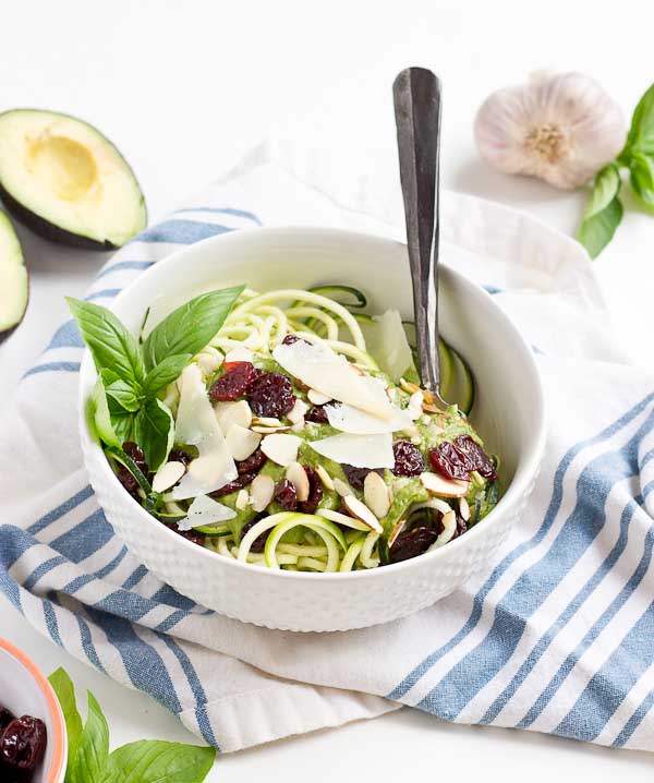 Go fresh this summer with a bowl of zucchini noodles coated in creamy avocado sauce, and topped with almonds, tart cherries and shaved parmigiano reggiano. This veggie meal is refreshing and satisfying, no heat required.