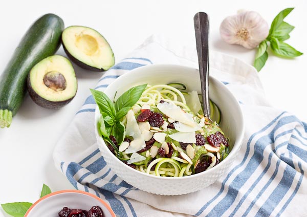 Go fresh this summer with a bowl of zucchini noodles coated in creamy avocado sauce, and topped with almonds, tart cherries and shaved parmigiano reggiano. This veggie meal is refreshing and satisfying, no heat required.